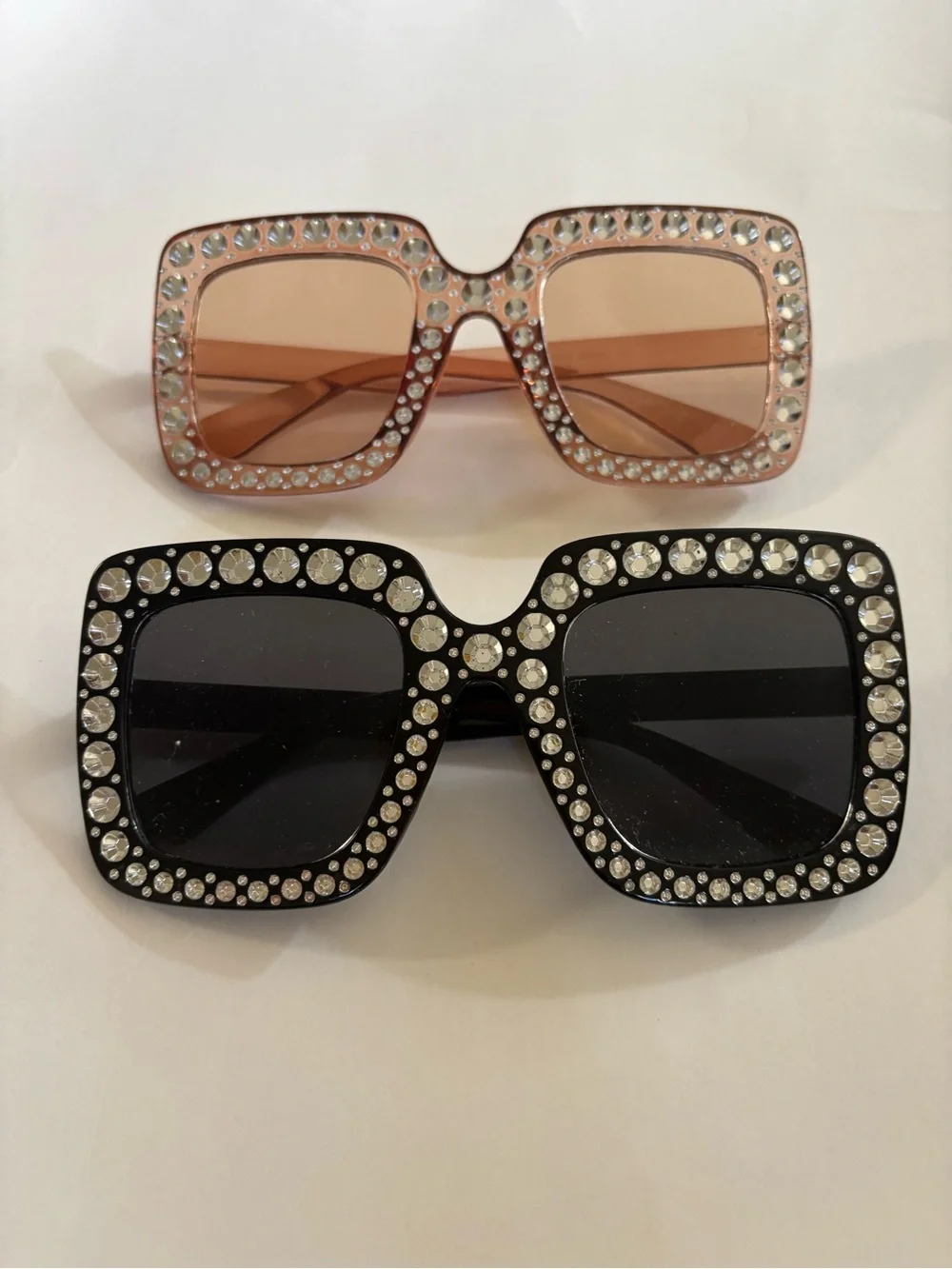 Crystal-Trim Square Sunglasses - Black and Pink